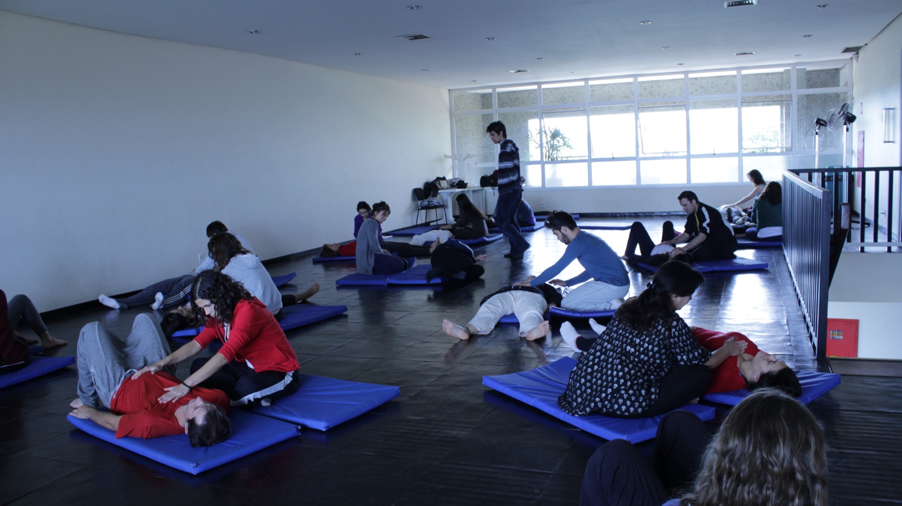 Individual and small-group somatic movement study in a bright studio.